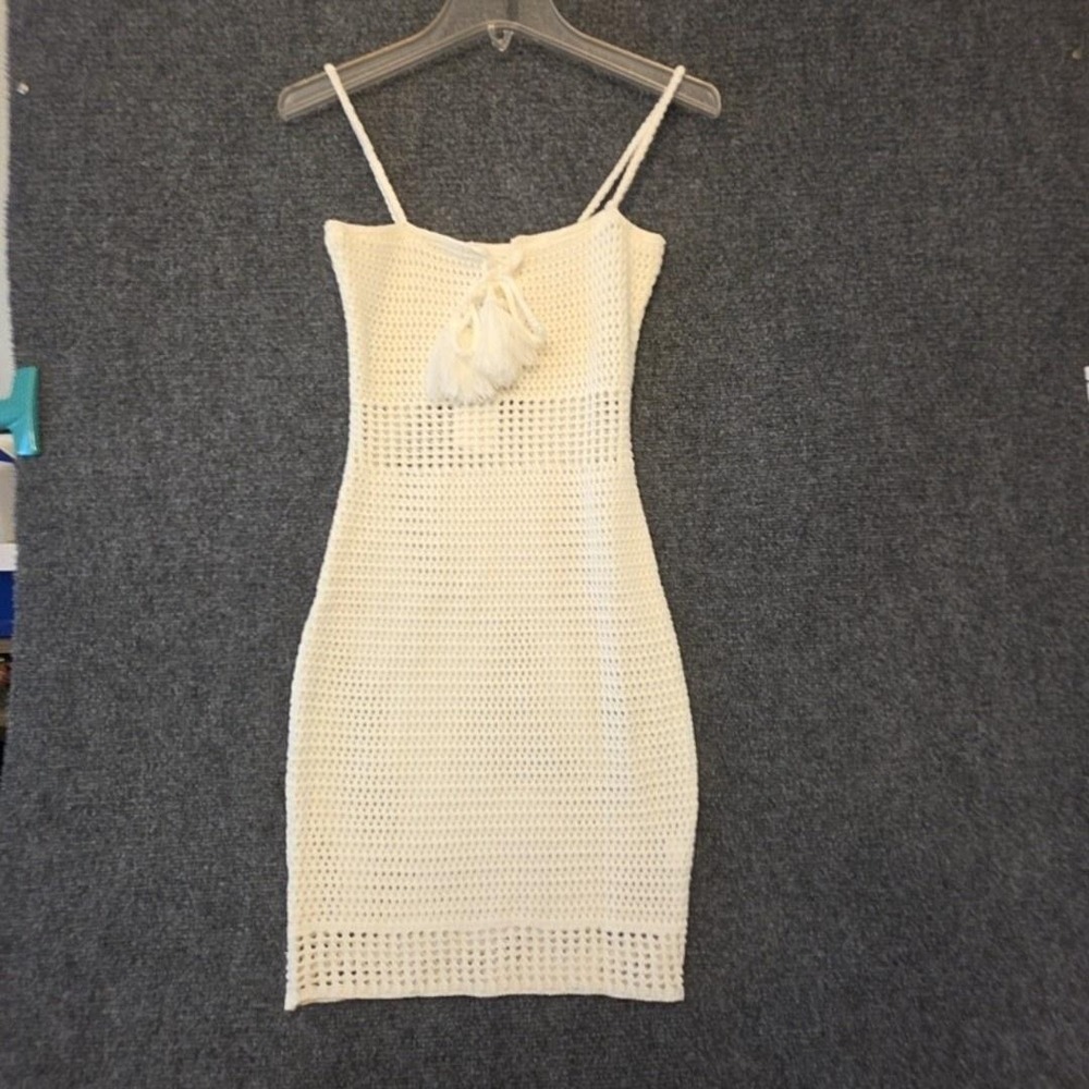 MIOU MUSE Dress Womens S White Crochet Tassel‎ Bodycon Sheer Mini Sundress